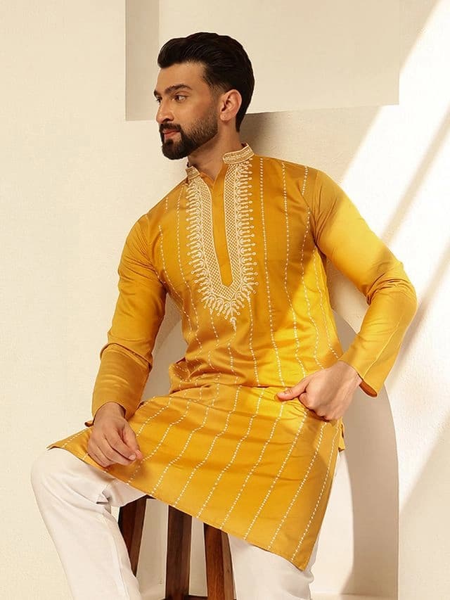 Men's Yellow Festive Regular Fit Kurta
