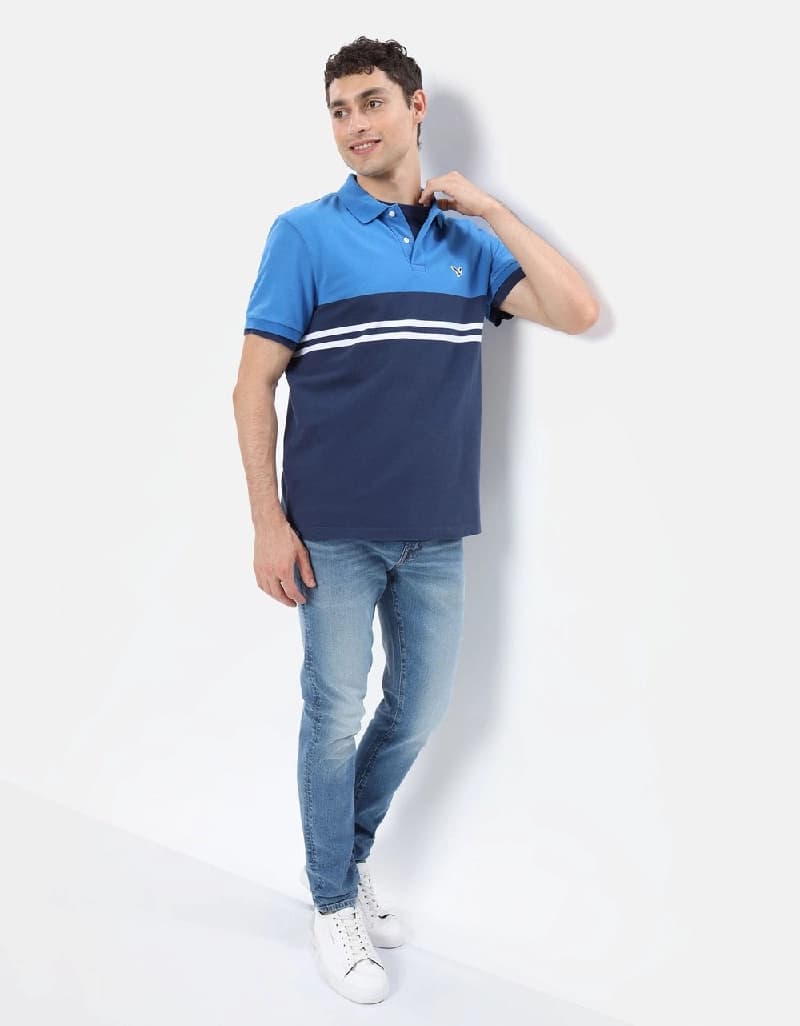 Men's Navy Casual Colorblocked Regular Fit Polo Tshirt