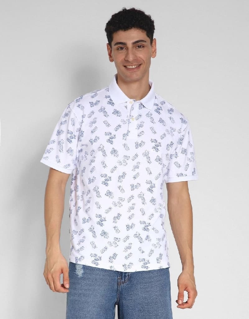 Men's White Casual Printed Regular Fit Polo Tshirt