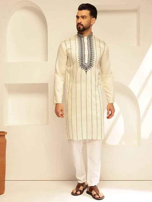 Men's White Festive Regular Fit Cotton Kurta