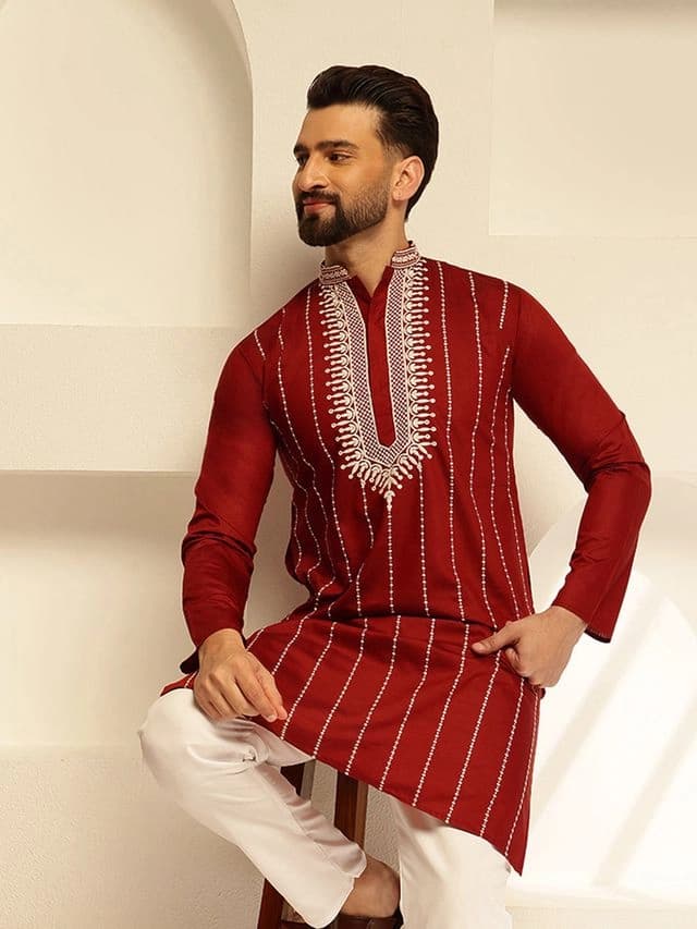 Men's Red Festive Regular Fit Kurta