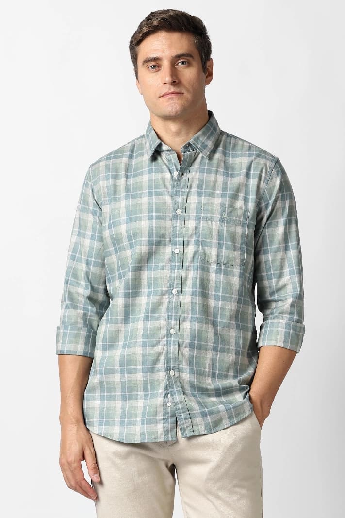Men's Green Casual Checked Slim Fit Shirt