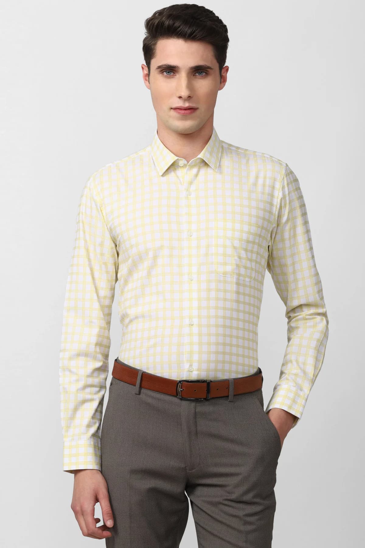 Men's Yellow Formal Checked Slim Fit Cotton Shirt