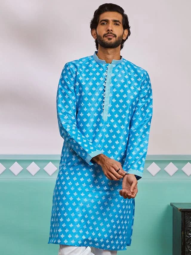Men's Blue Festive Printed Silk Kurta