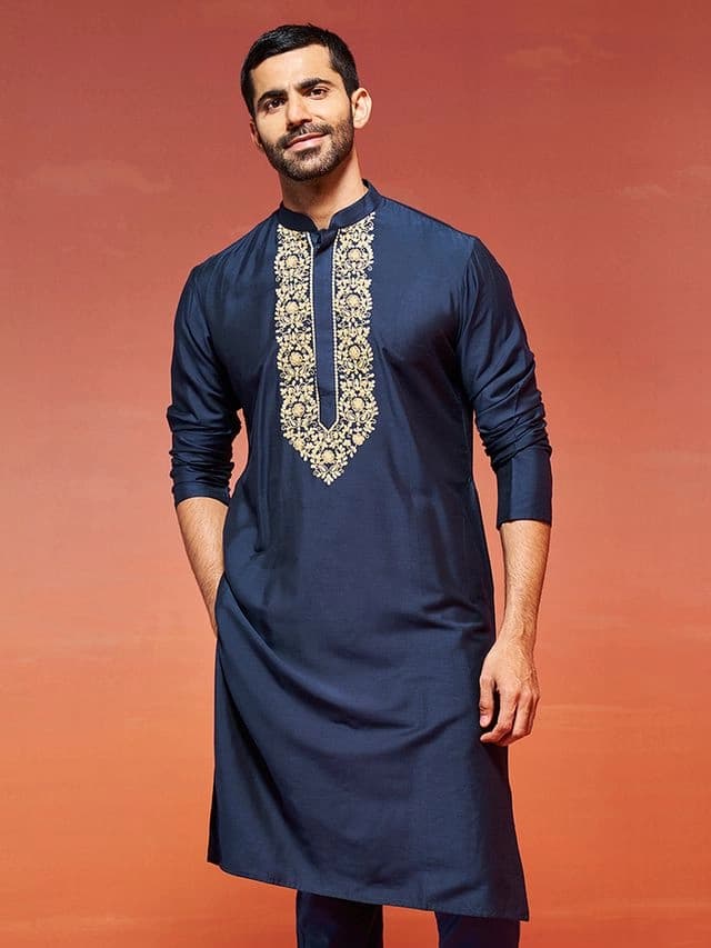 Men's Blue Festive Self-Design Kurta