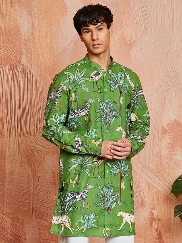 Men's Green Festive Printed Cotton Kurta