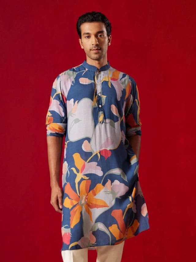 Men's Blue Festive Printed Kurta