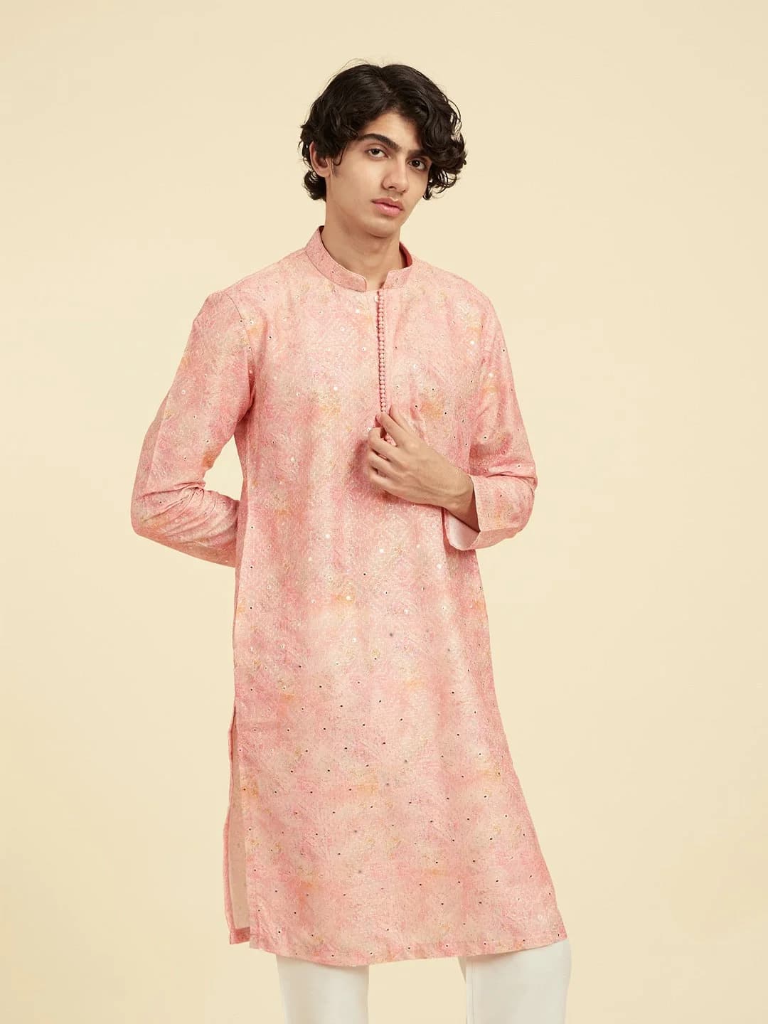 Men's Pink Festive Printed Silk Kurta