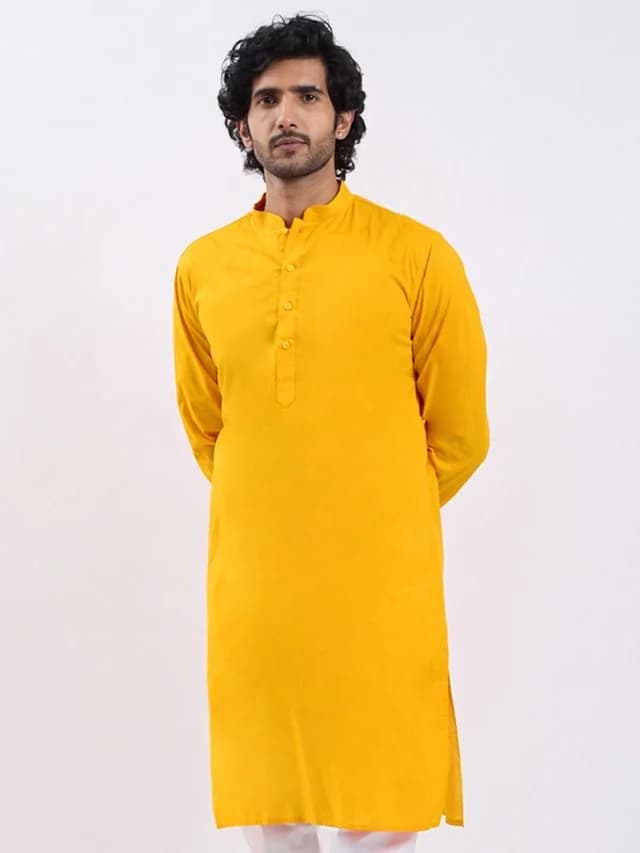Men's Yellow Festive Solid Cotton Kurta