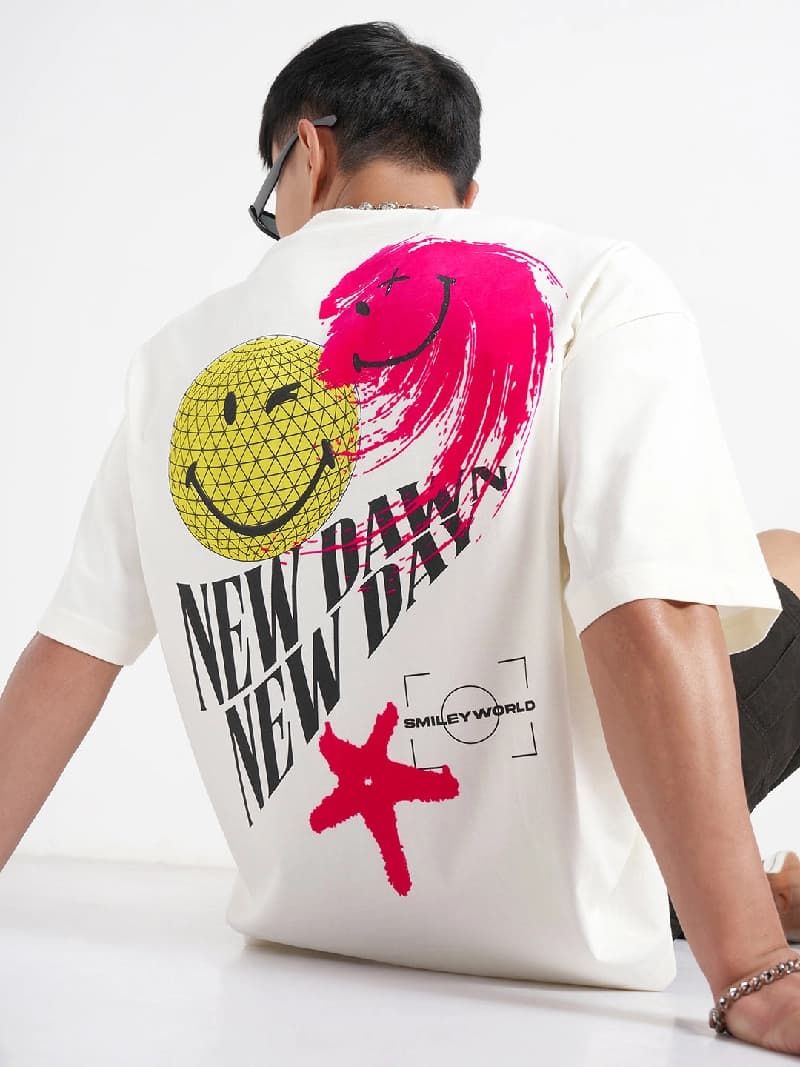 Men's Off White Casual Printed Oversized Fit Tshirt