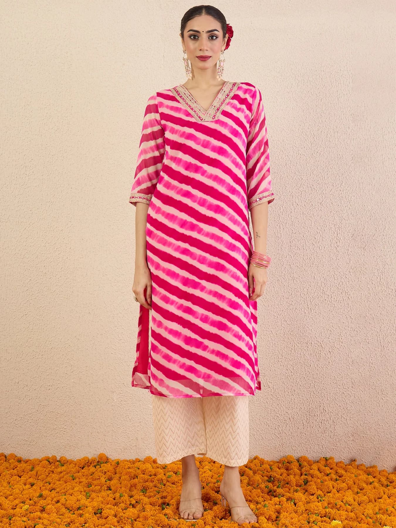 Women's Pink Casual Printed Kurta