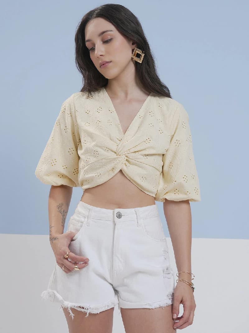 Women's Yellow Casual Printed Regular Fit Top