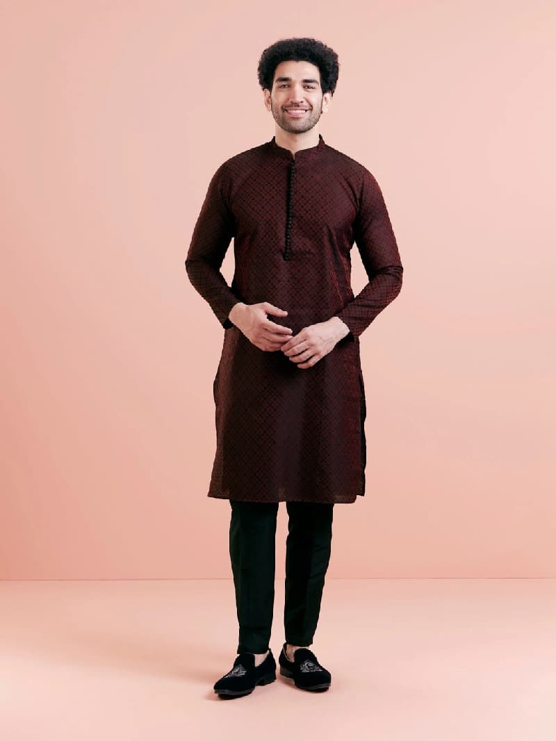 Men's Brown Festive Textured Regular Fit Kurta