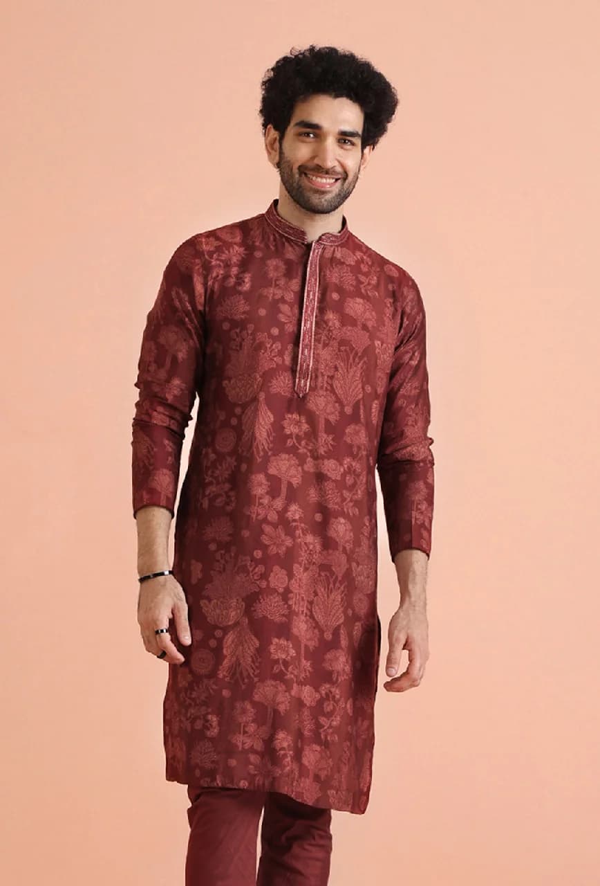 Men's Red Festive Floral Regular Fit Cotton Kurta