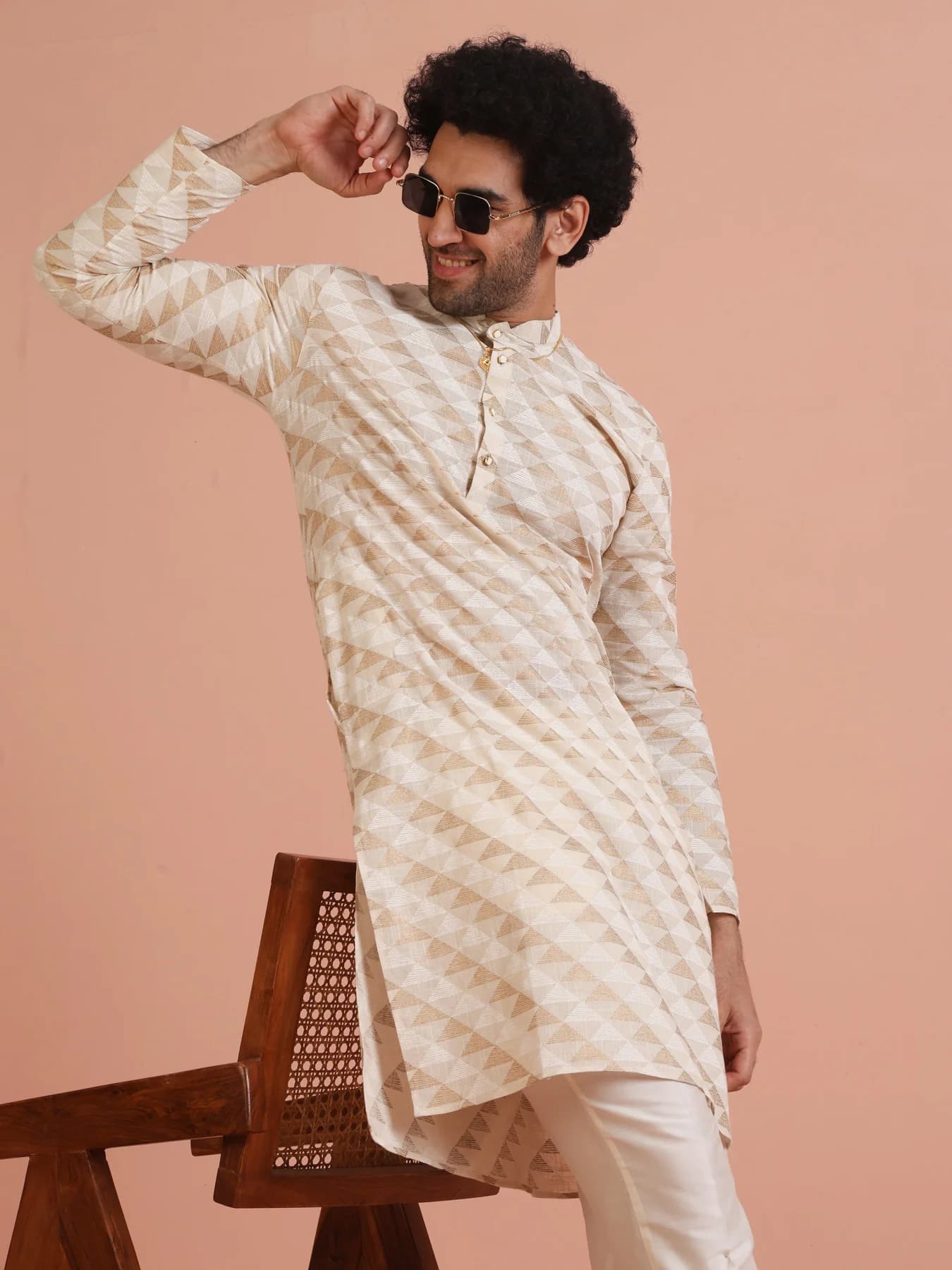 Men's Beige Festive Printed Regular Fit Cotton Kurta