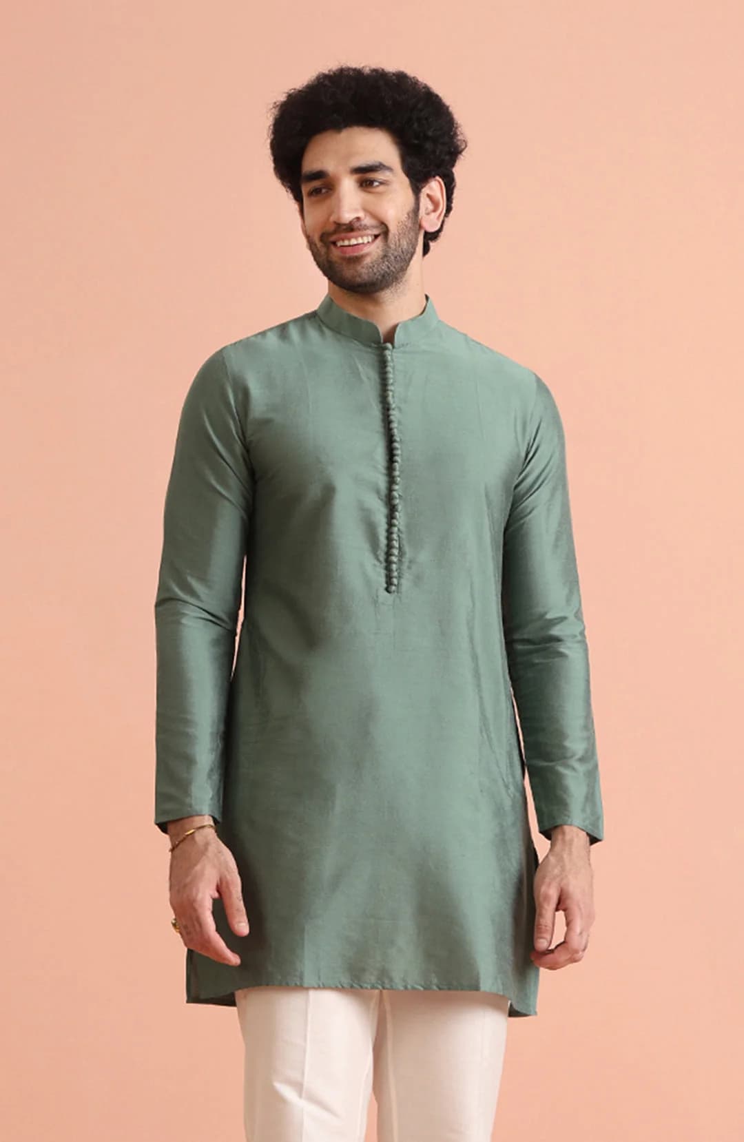 Men's Green Festive Solid Regular Fit Cotton Kurta