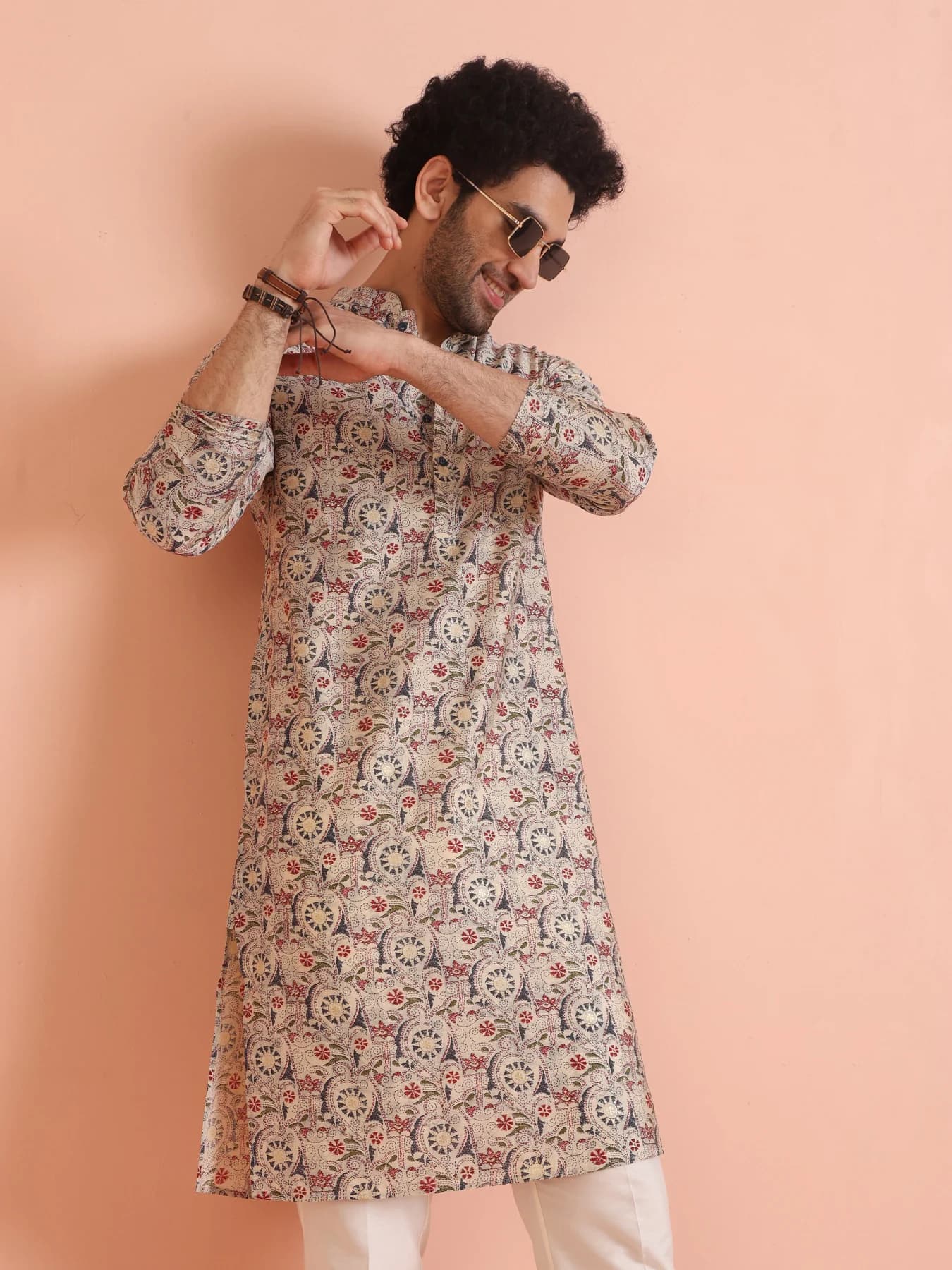 Men's Multicolor Festive Printed Regular Fit Cotton Kurta