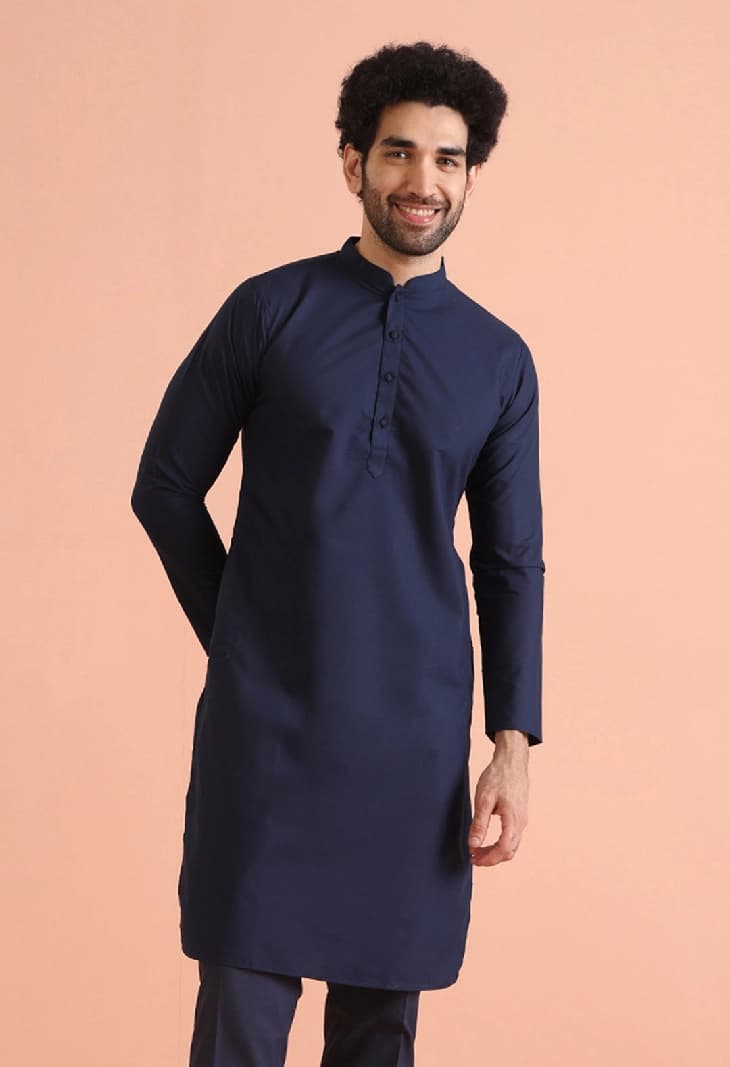 Men's Navy Festive Solid Regular Fit Kurta