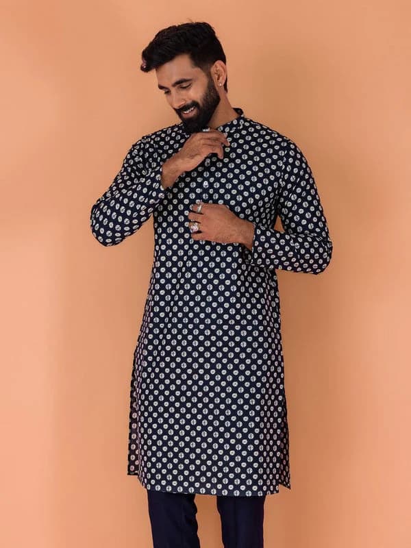 Men's Navy Festive Printed Regular Fit Cotton Kurta