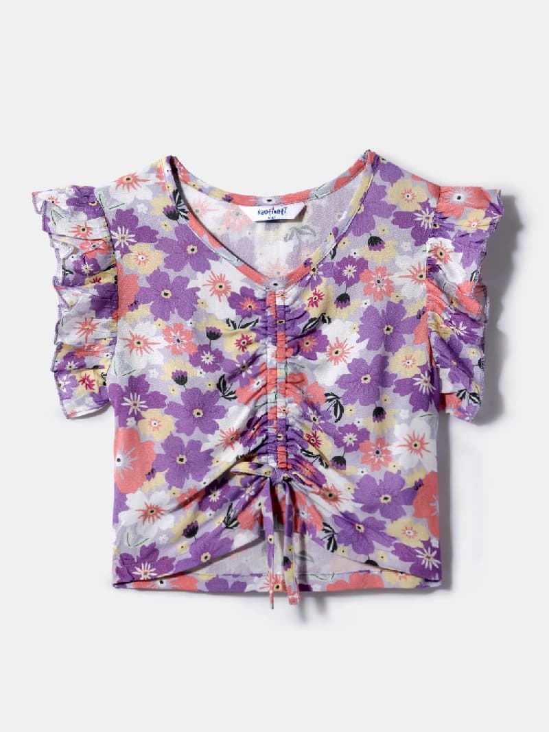 Girls Purple Printed Elastic Detail Top