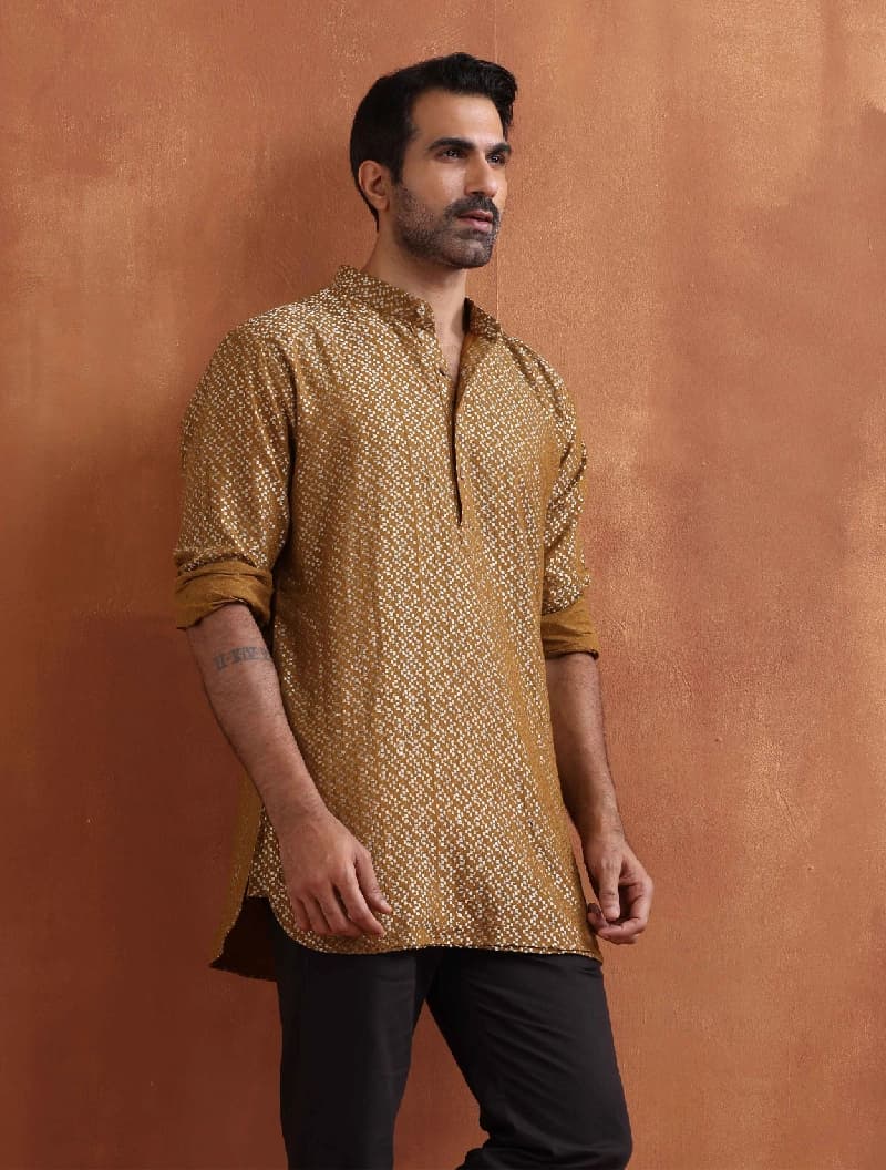 Men's Yellow Festive Solid Full Sleeves Short Kurta