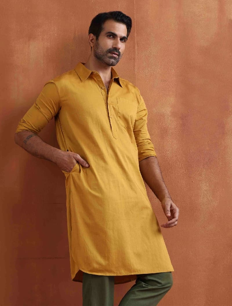 Men's Yellow Festive Solid Regular Fit Kurta
