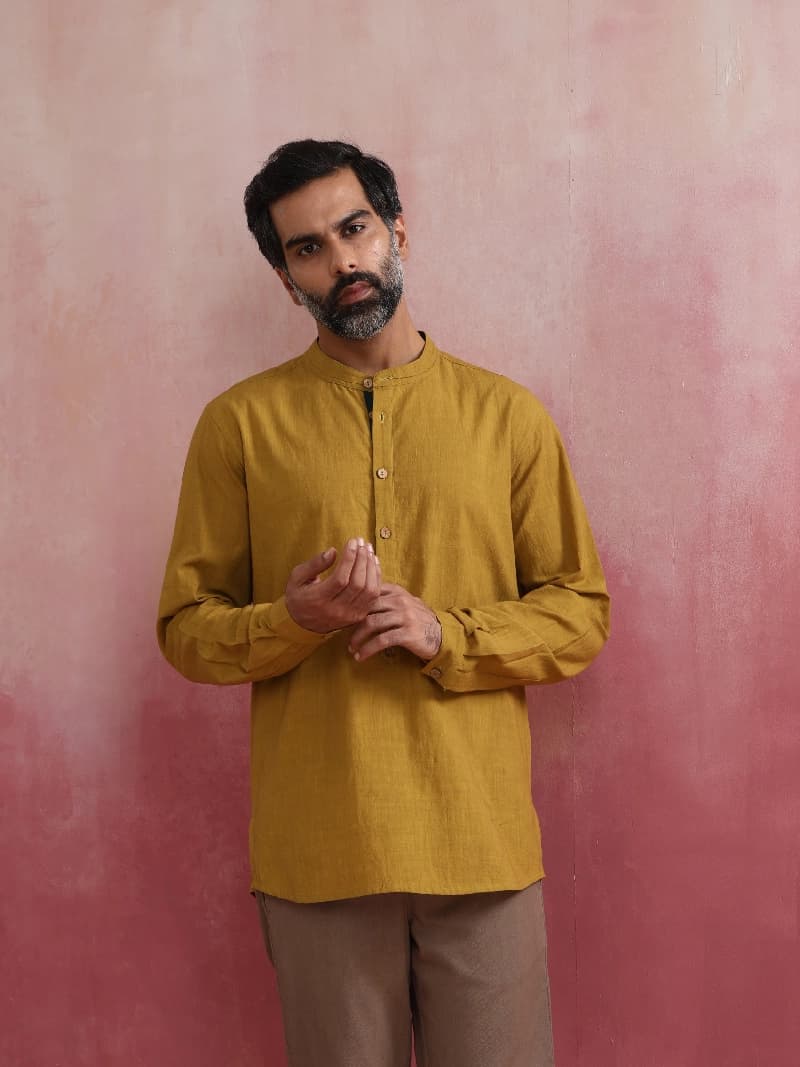Men's Yellow Festive Solid Regular Fit Short Kurta
