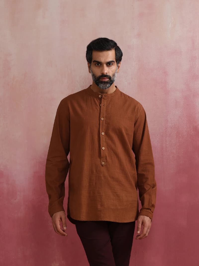 Men's Brown Festive Solid Regular Fit Short Kurta