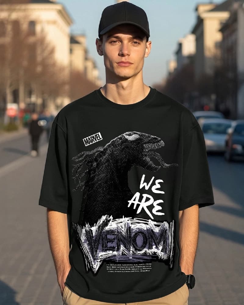 Men's Black Casual Printed Oversized Fit Tshirt