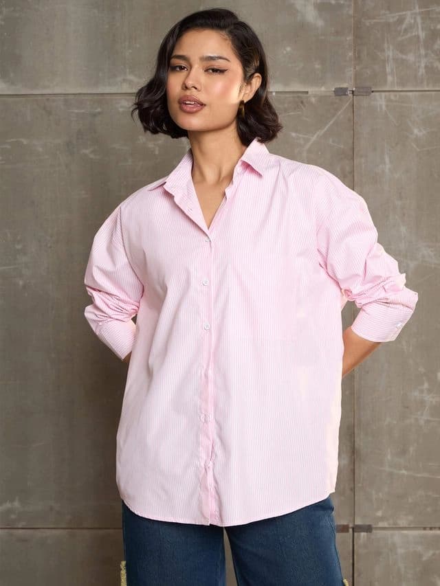 Women's Pink Casual Striped Oversized Fit Shirt
