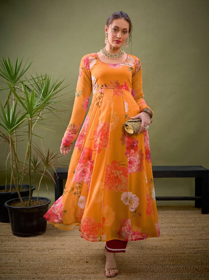 Women's Yellow Festive Printed Fit & Flared Kurta