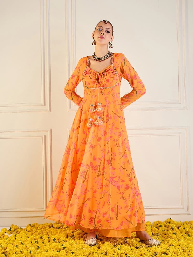 Women's Yellow Festive Printed Fit & Flared Kurta