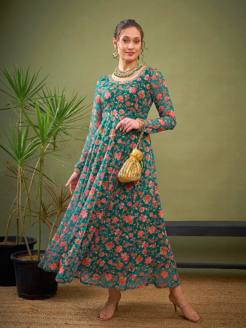 Women's Green Festive Printed Fit & Flared Kurta