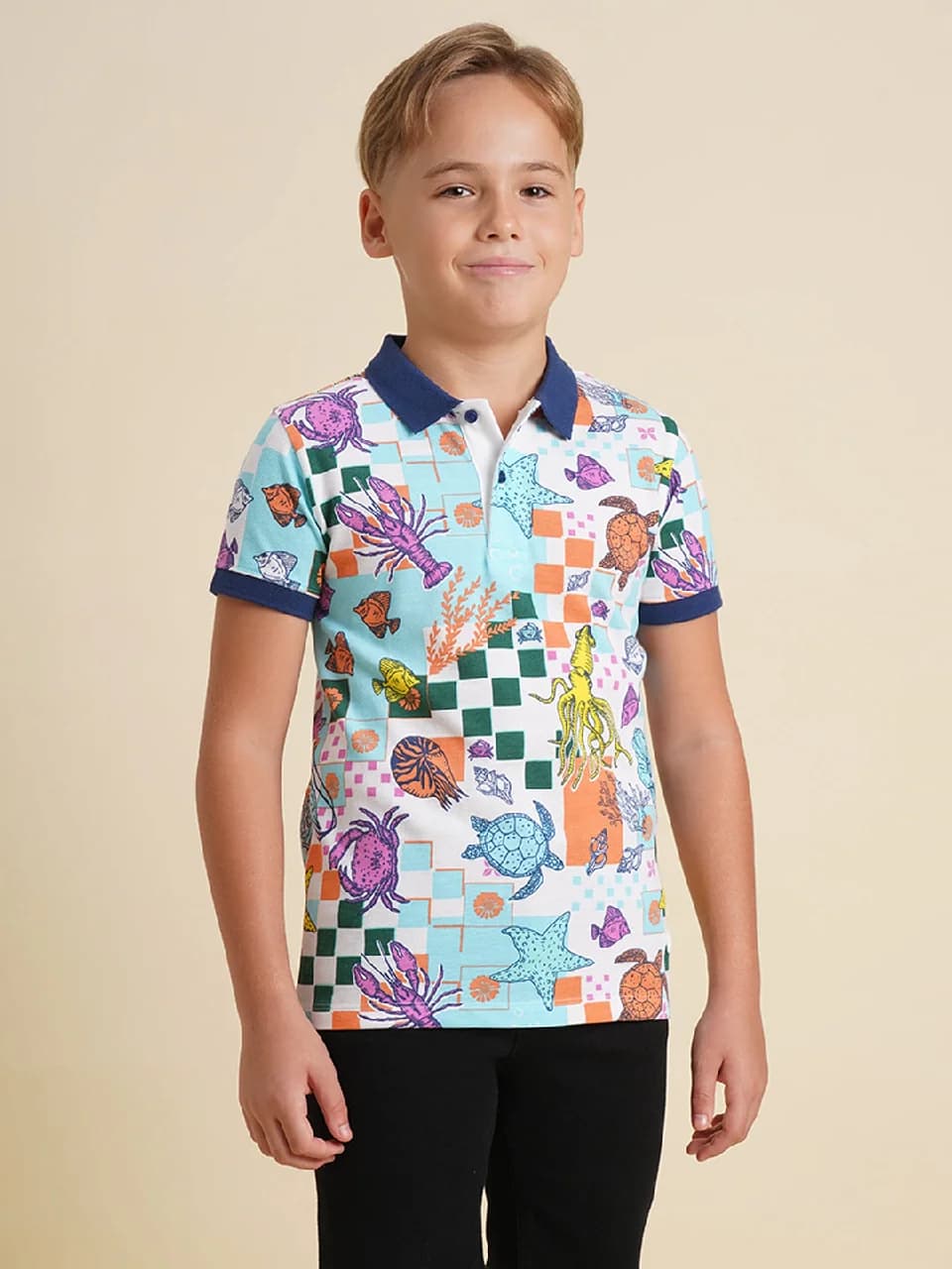 Boys Blue Printed Casual Polo Tshirt