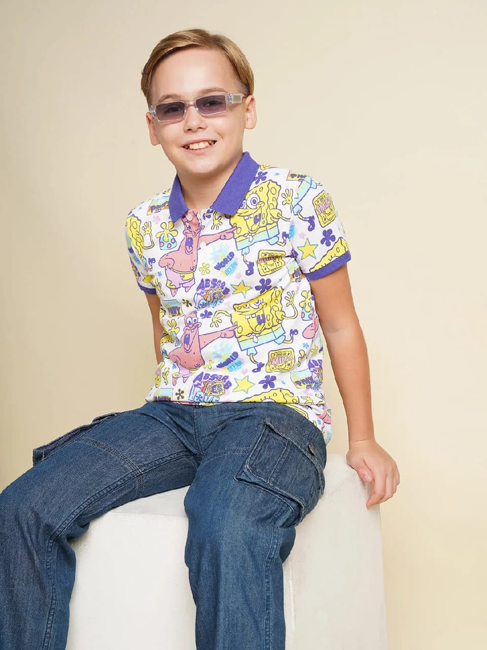 Boys White Printed Casual Polo Tshirt