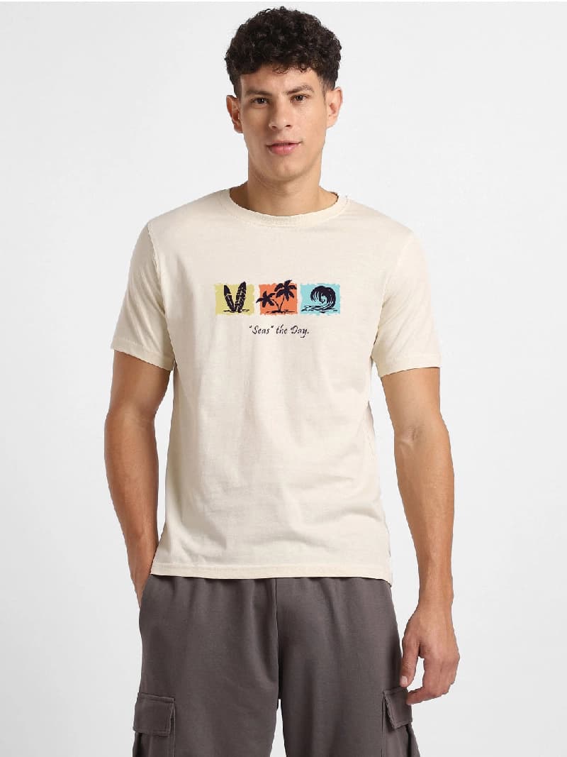 Men's Beige Casual Printed Regular Fit Tshirt