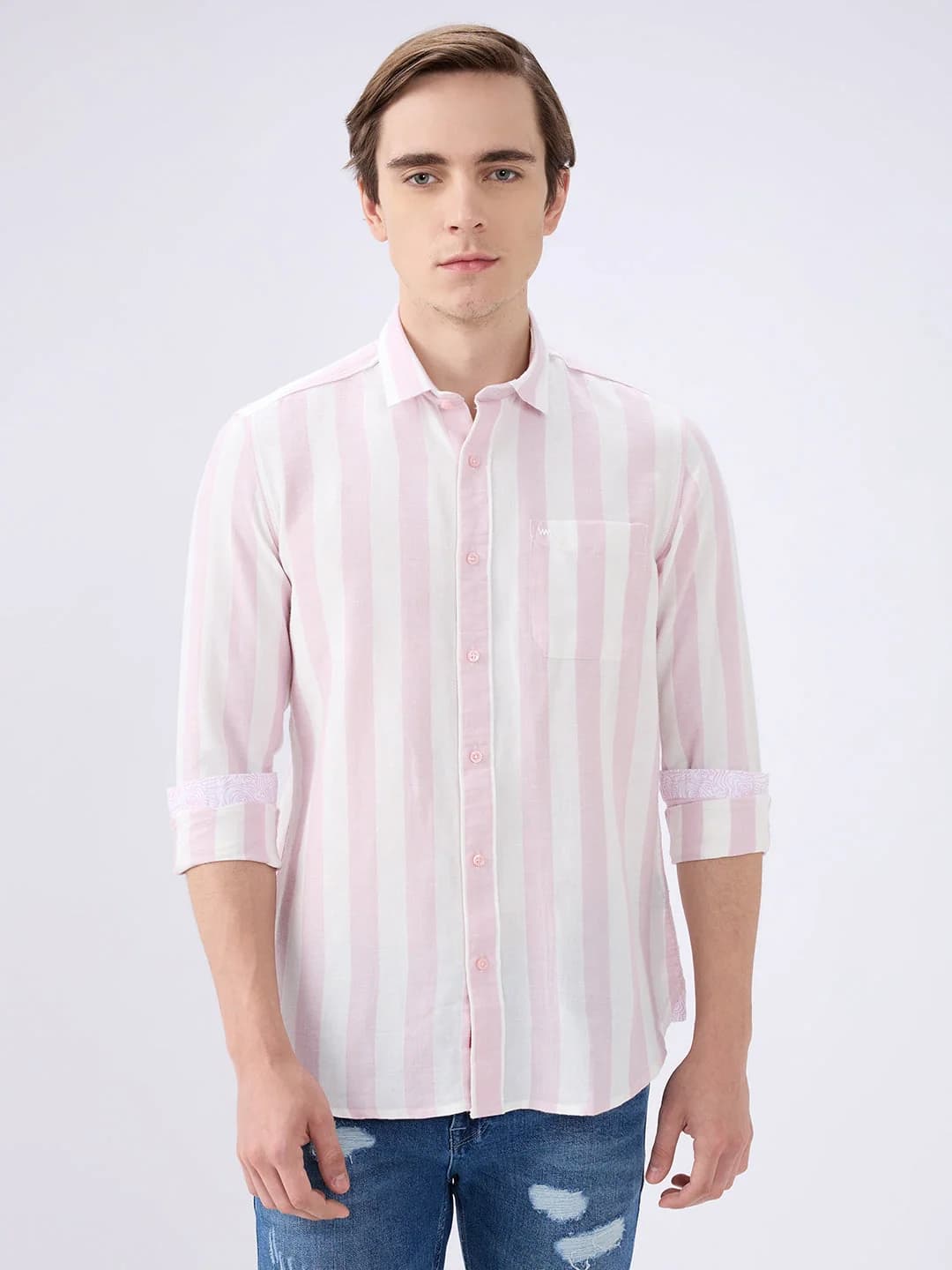 Men's Pink Casual Striped Slim Fit Cotton Shirt
