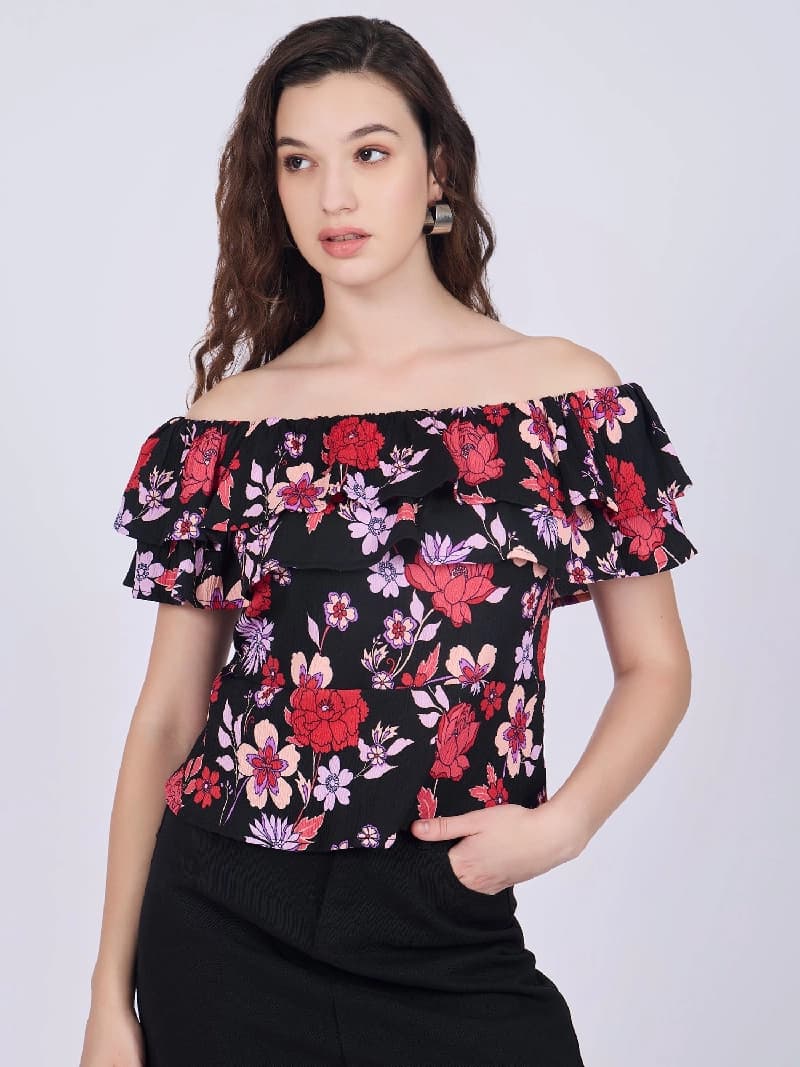 Women's Black Casual Printed Fit & Flared Top
