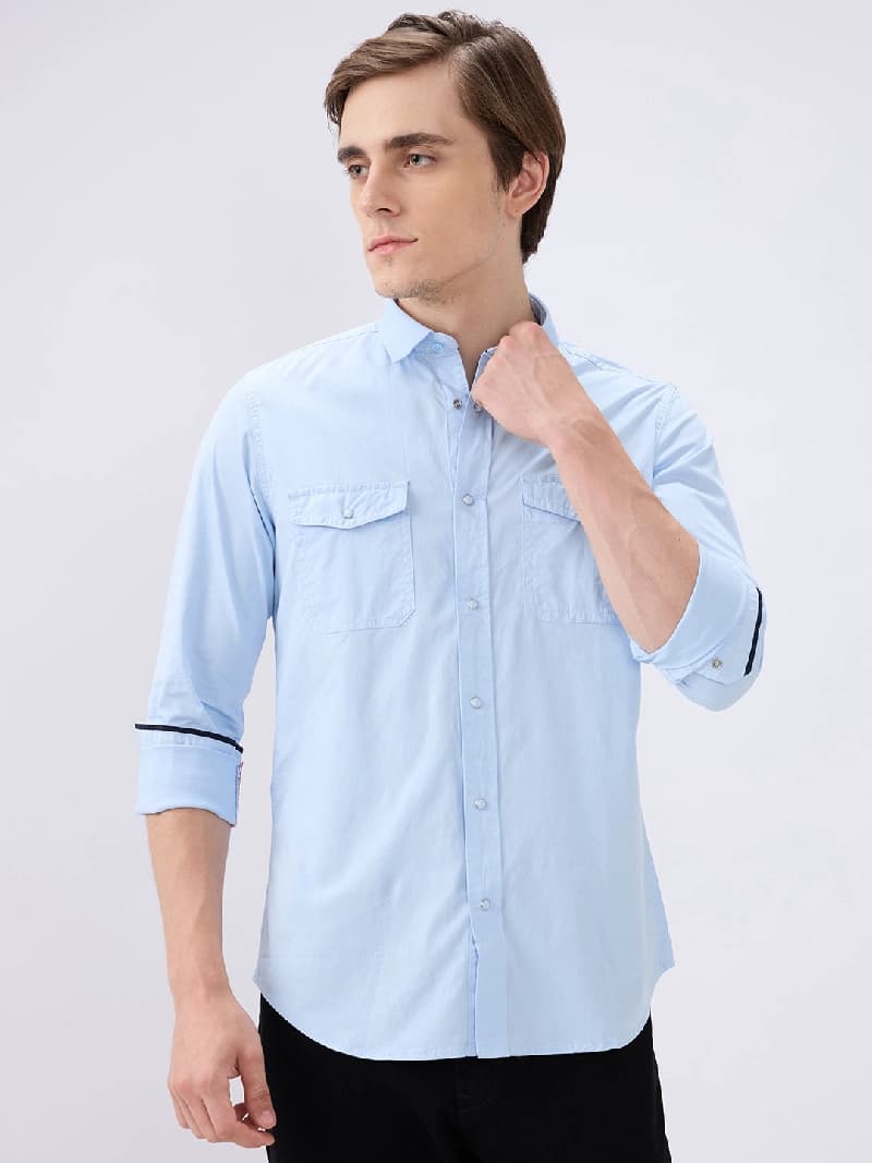 Men's Blue Casual Solid Slim Fit Shirt