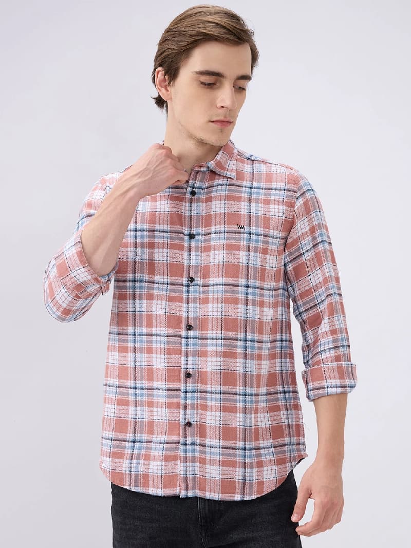 Men's Pink Casual Checked Slim Fit Shirt