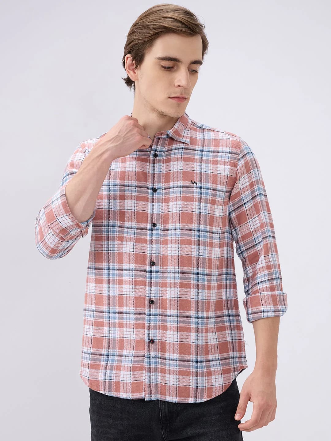 Men's Pink Casual Checked Slim Fit Cotton Shirt