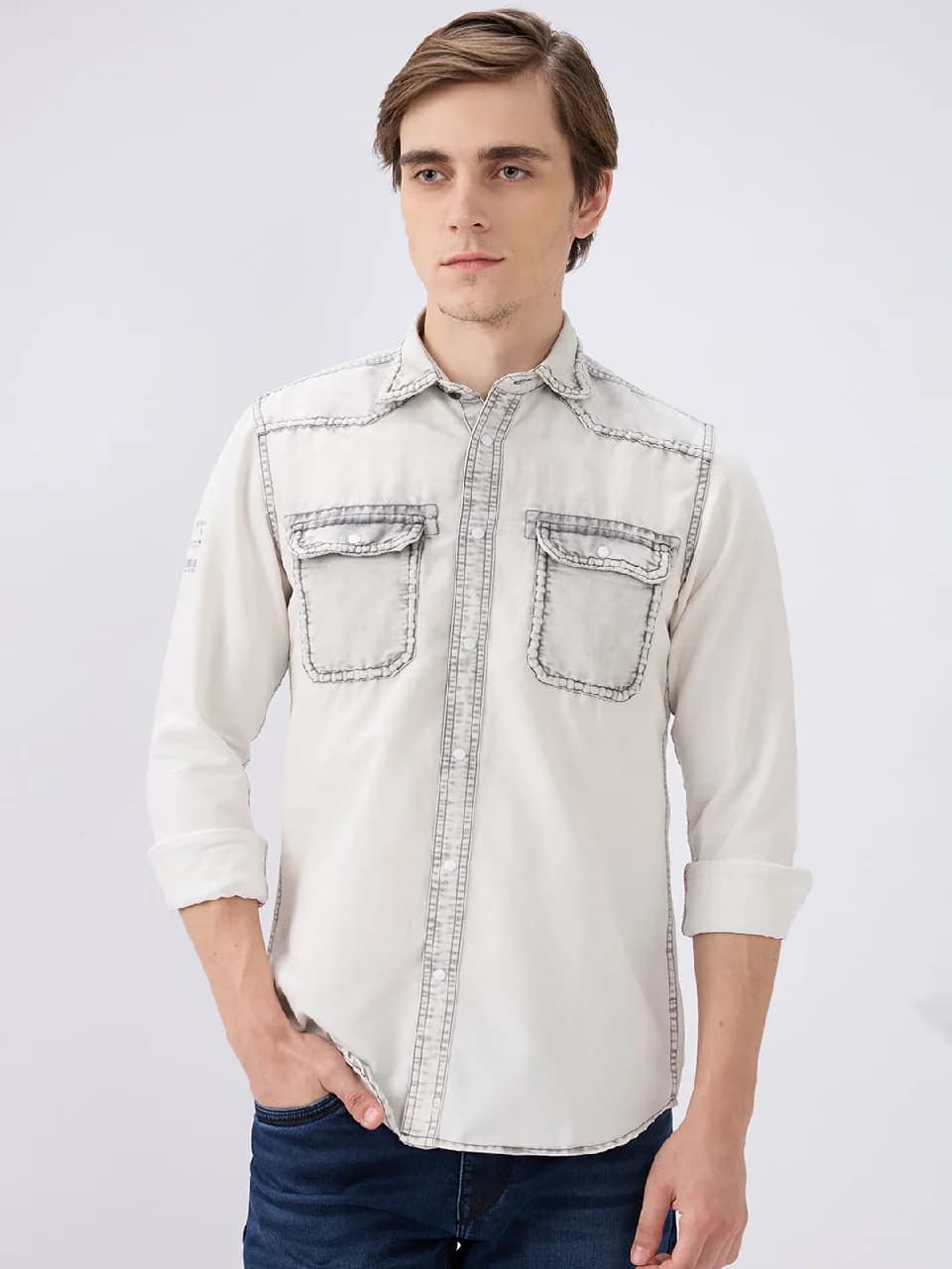 Men's Grey Casual Solid Slim Fit Cotton Shirt