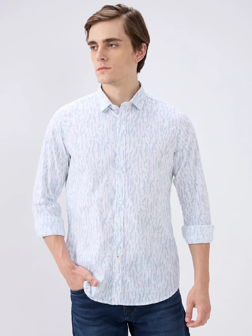 Men's White Casual Printed Slim Fit Cotton Shirt