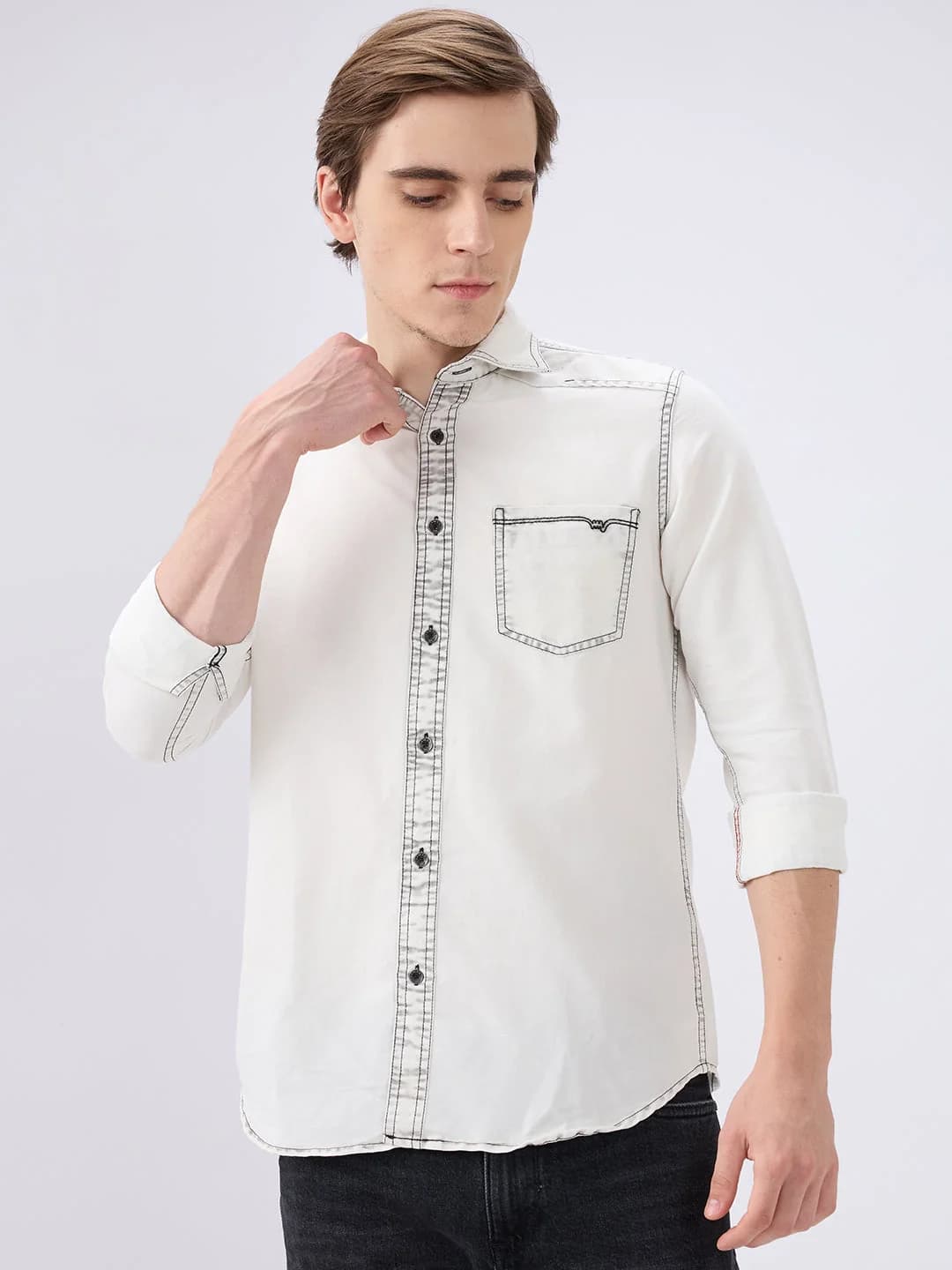 Men's Grey Casual Solid Slim Fit Cotton Shirt