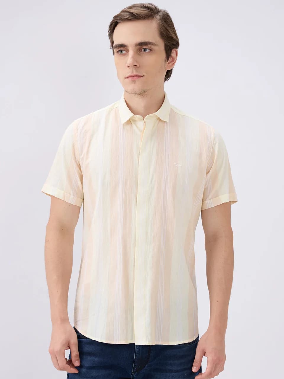 Men's Yellow Casual Striped Slim Fit Cotton Shirt