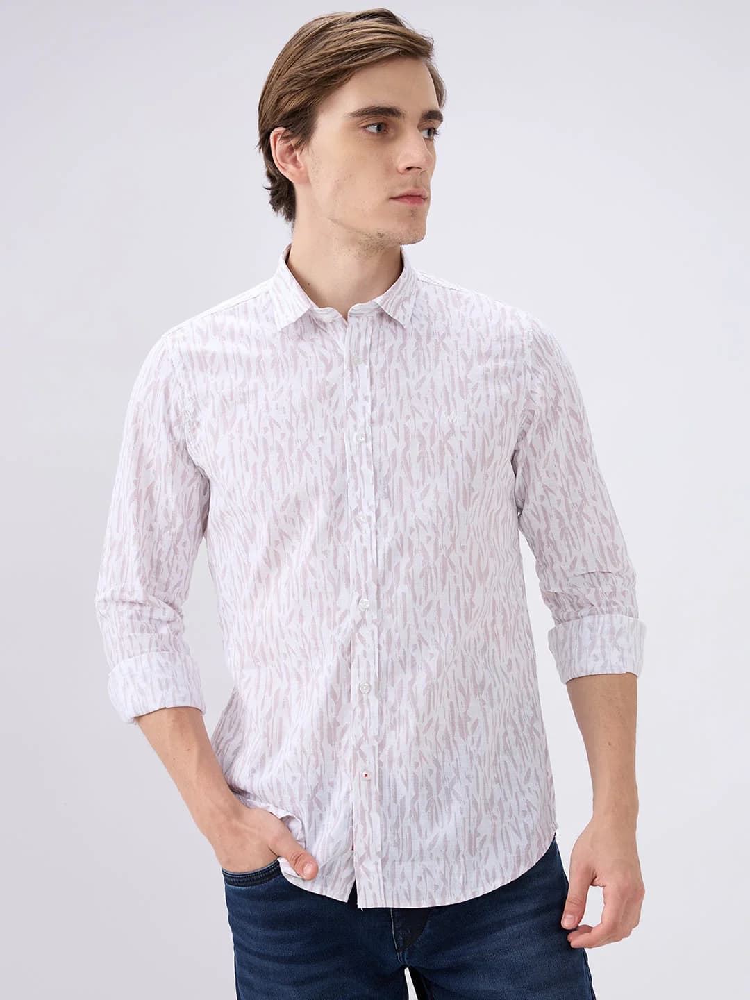 Men's White Casual Printed Slim Fit Cotton Shirt