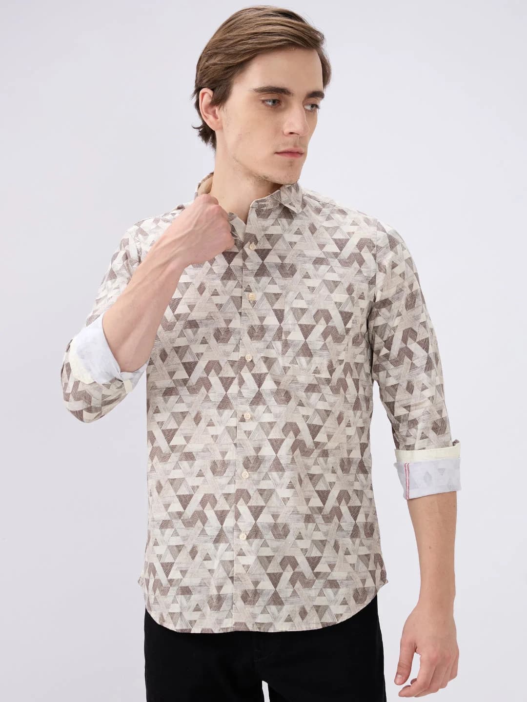 Men's Beige Casual Printed Slim Fit Cotton Shirt