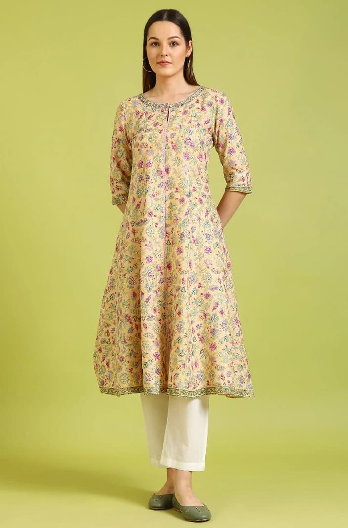 Women's Yellow Festive Printed Regular Fit Kurta