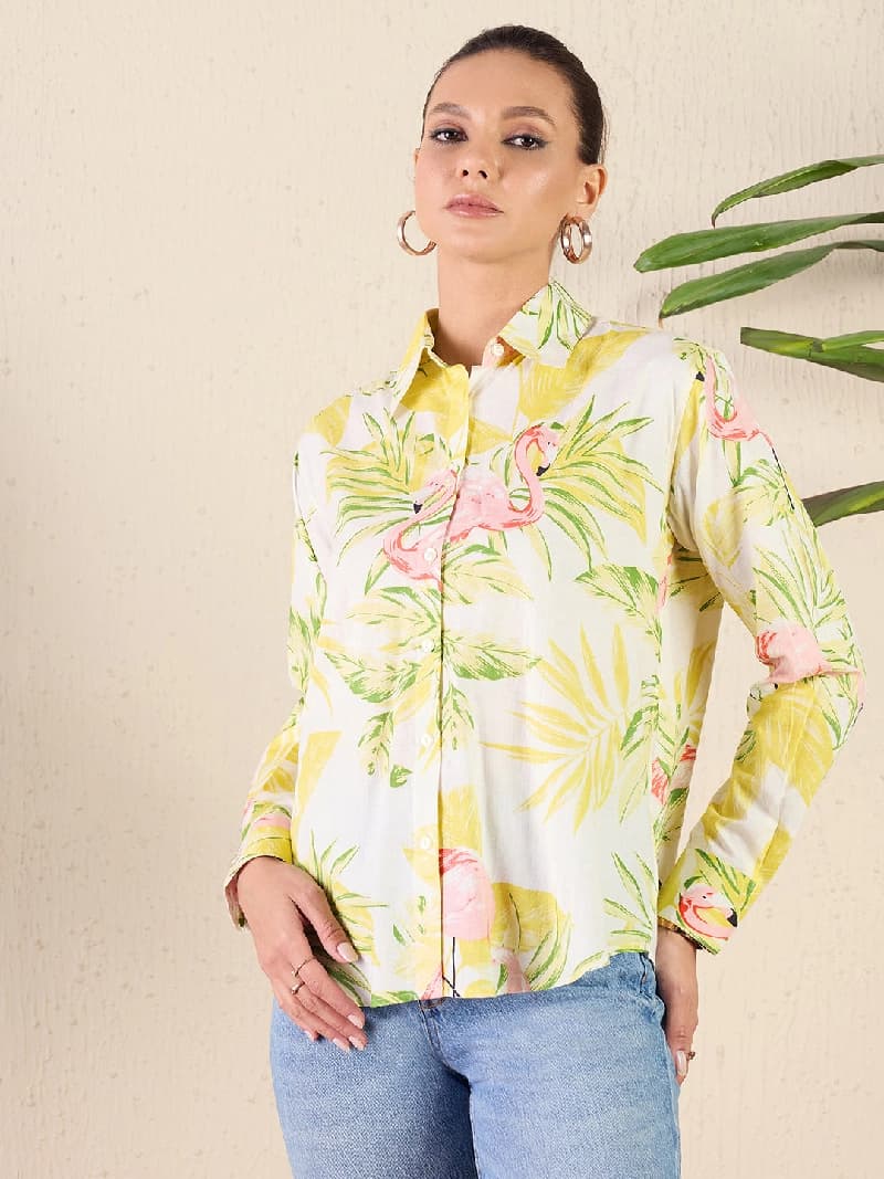 Women's Yellow Casual Printed Regular Fit Shirt