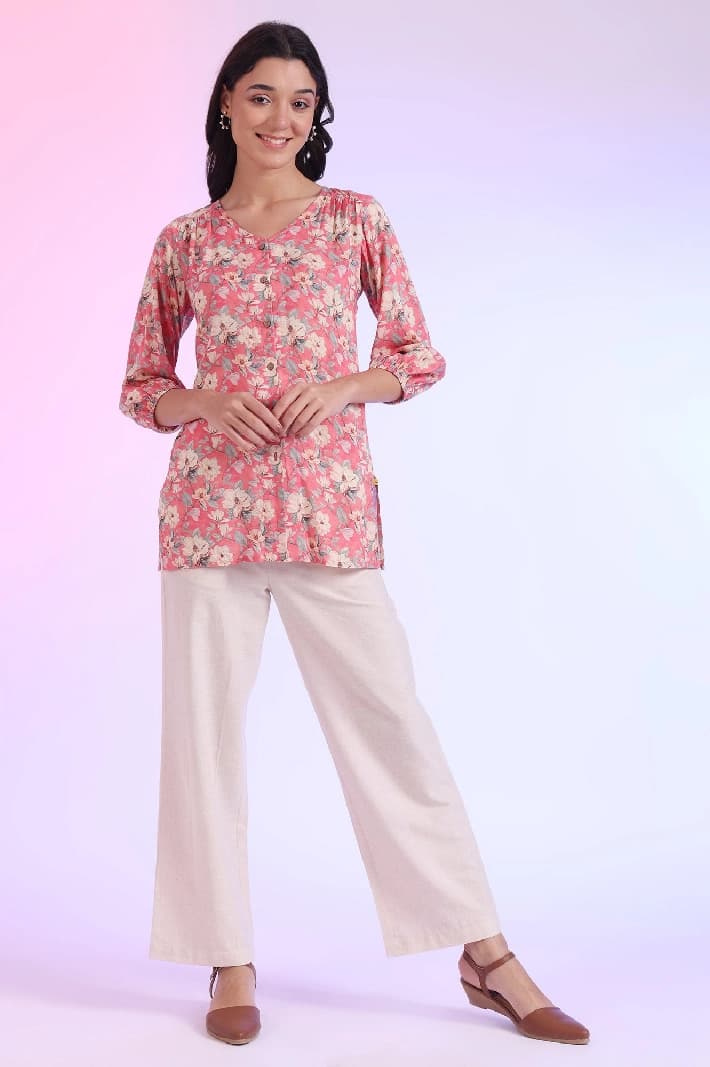 Women's Pink Casual Printed Regular Fit Kurti
